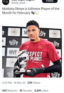 Super Eagles Goalkeeper, Maduka Okoye, Claims Udinese Player Of The Month For February